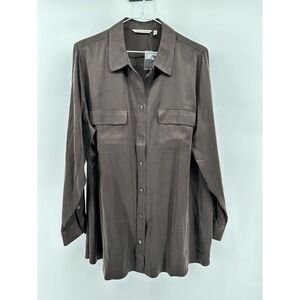 Soft Surroundings Silk Button Front Blouse Chocolate Brown Size XL Pockets NEW